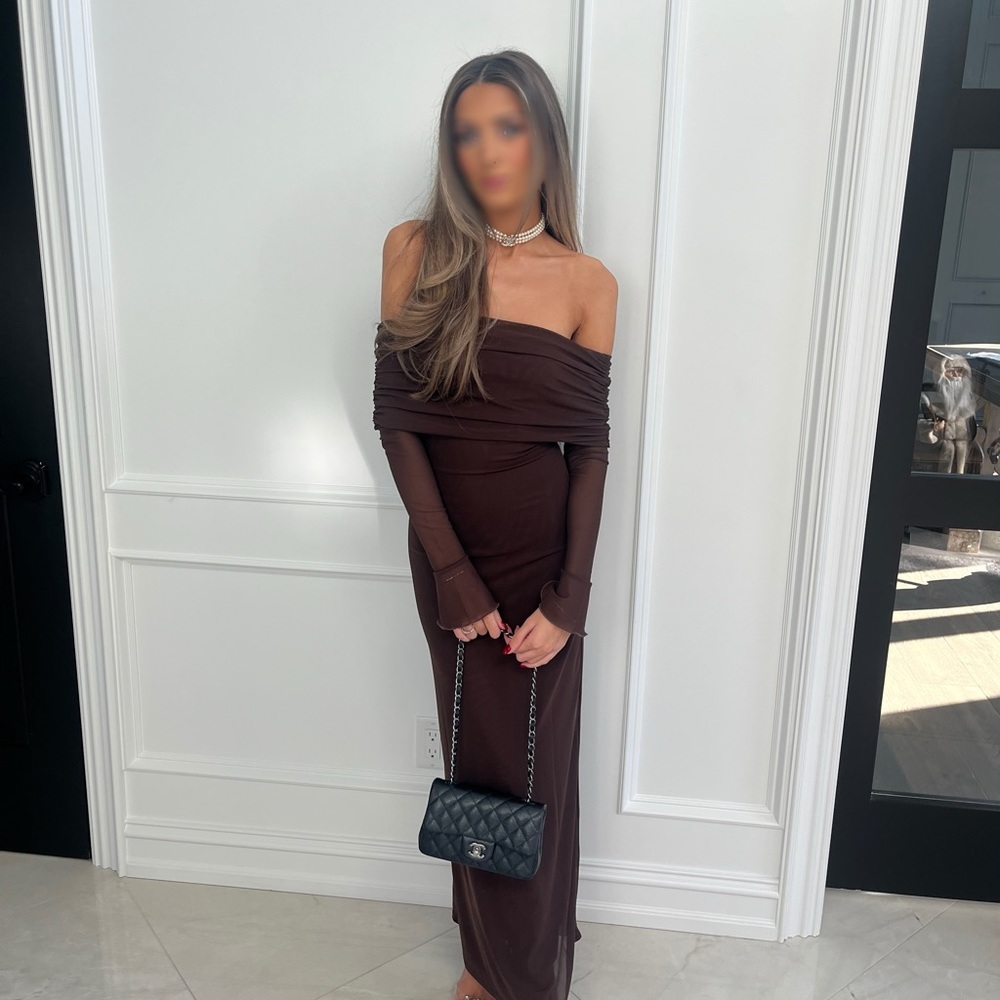 Meshki Josie Off Shoulder Mesh Maxi Dress - Dark Brown